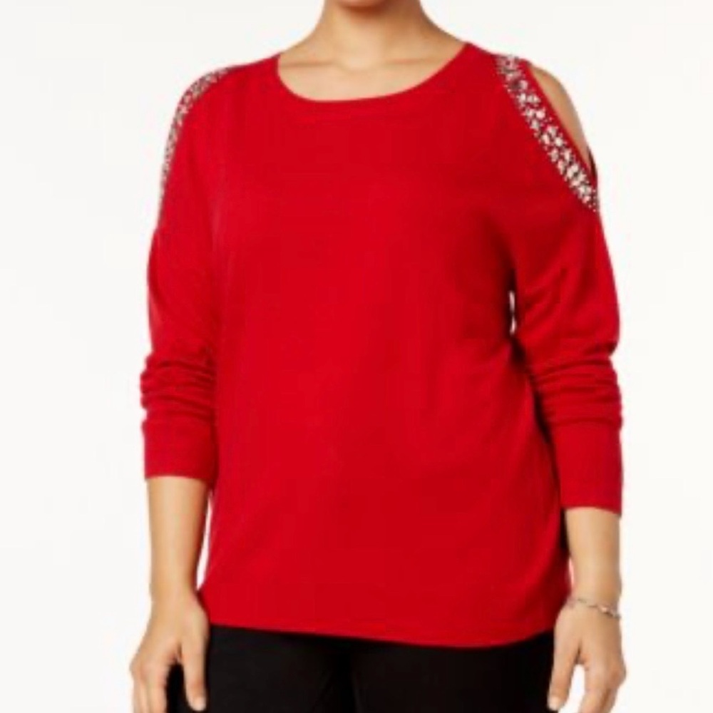 INC International Concepts Red Embellished Off-Shoulder Sweater - Picture 2 of 12